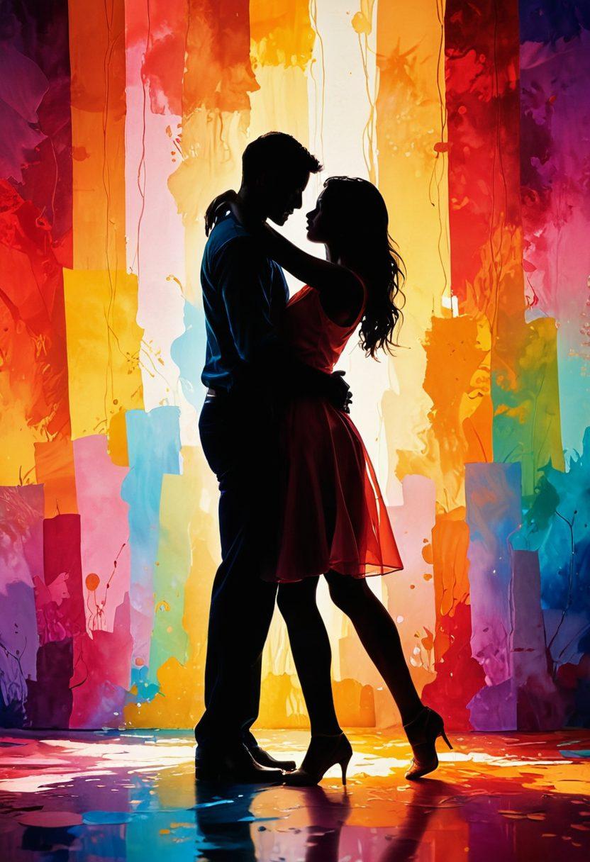 An artistic representation of a vibrant, tasteful adult-themed setting, featuring silhouettes of diverse couples intertwined in intimate poses, surrounded by colorful abstract shapes symbolizing passion and allure. Include soft, inviting lighting that casts warm shadows, with elements of joy and sensuality interwoven. The background should evoke a sense of excitement and curiosity. painterly style. vibrant colors. soft focus.