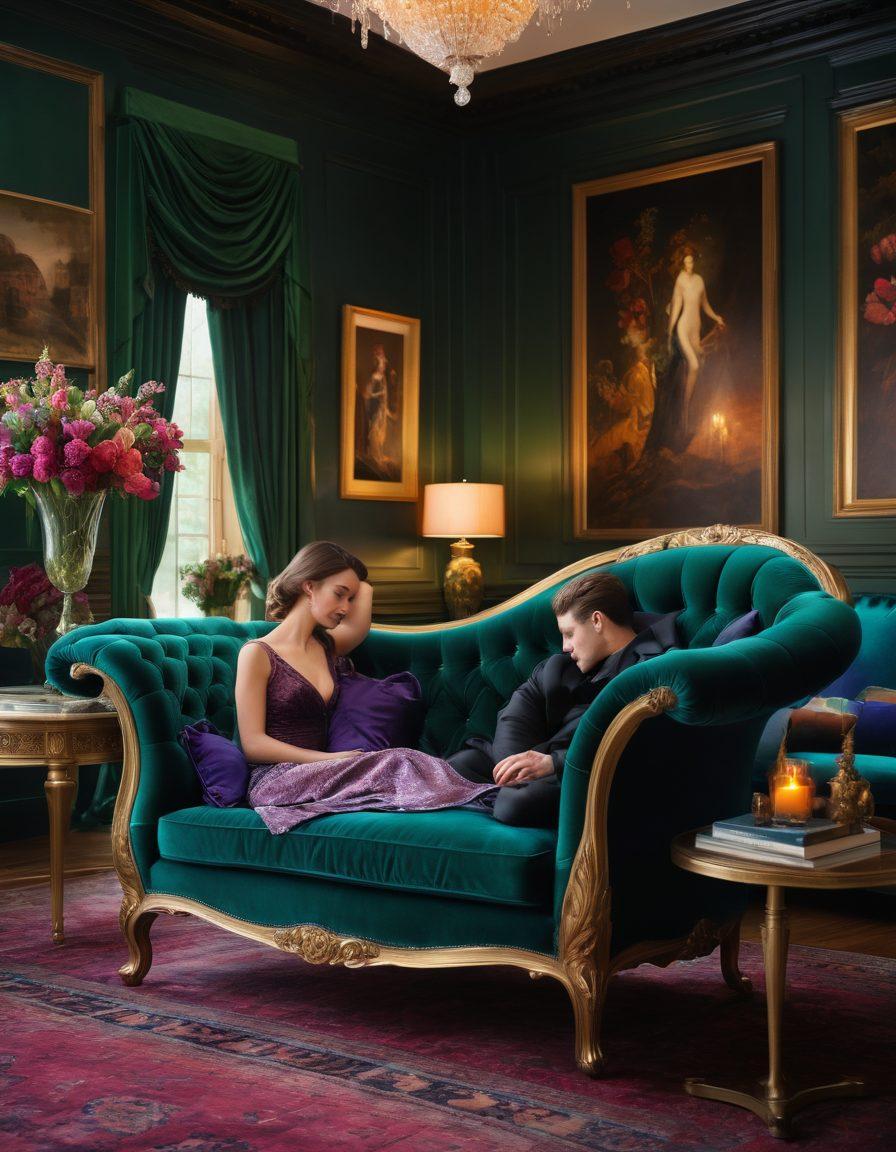 A whimsically elegant setting featuring a lush, velvet chaise lounge adorned with soft, alluring fabrics in deep jewel tones. Surrounding the lounge are playful silhouettes of diverse couples engaging in intimate and joyful interactions, conveying a sense of connection and exploration. The scene is gently illuminated by warm, seductive lighting that enhances the atmosphere of pleasure and discovery. Dreamy, ethereal visuals filter through the background, inviting curiosity and adventure. vibrant colors. super-realistic.